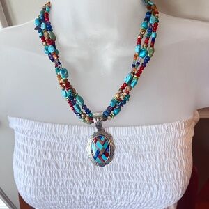 Stunning 3-strand turquoise, lapis, coral, jasper beaded necklace and pendant 20